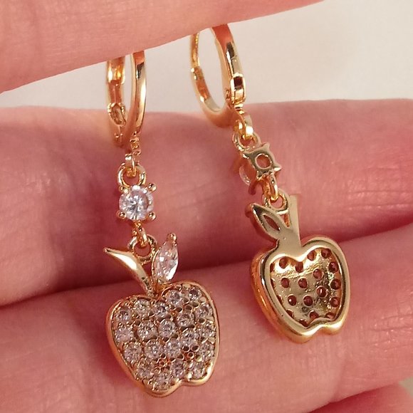 18K Yellow Gold Filled Apple Shape Leaf White Diamond Zircon Dangle Earrings - Picture 4 of 4